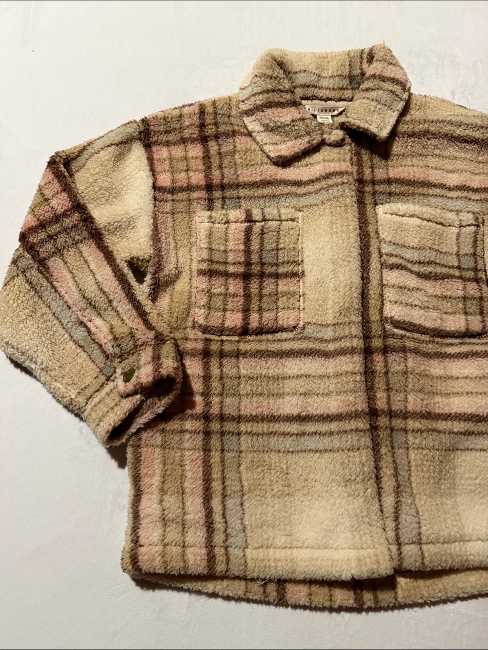Billabong Plush Plaid Teddy Jacket in Cream and Pink Sherpa - Picture 3 of 6